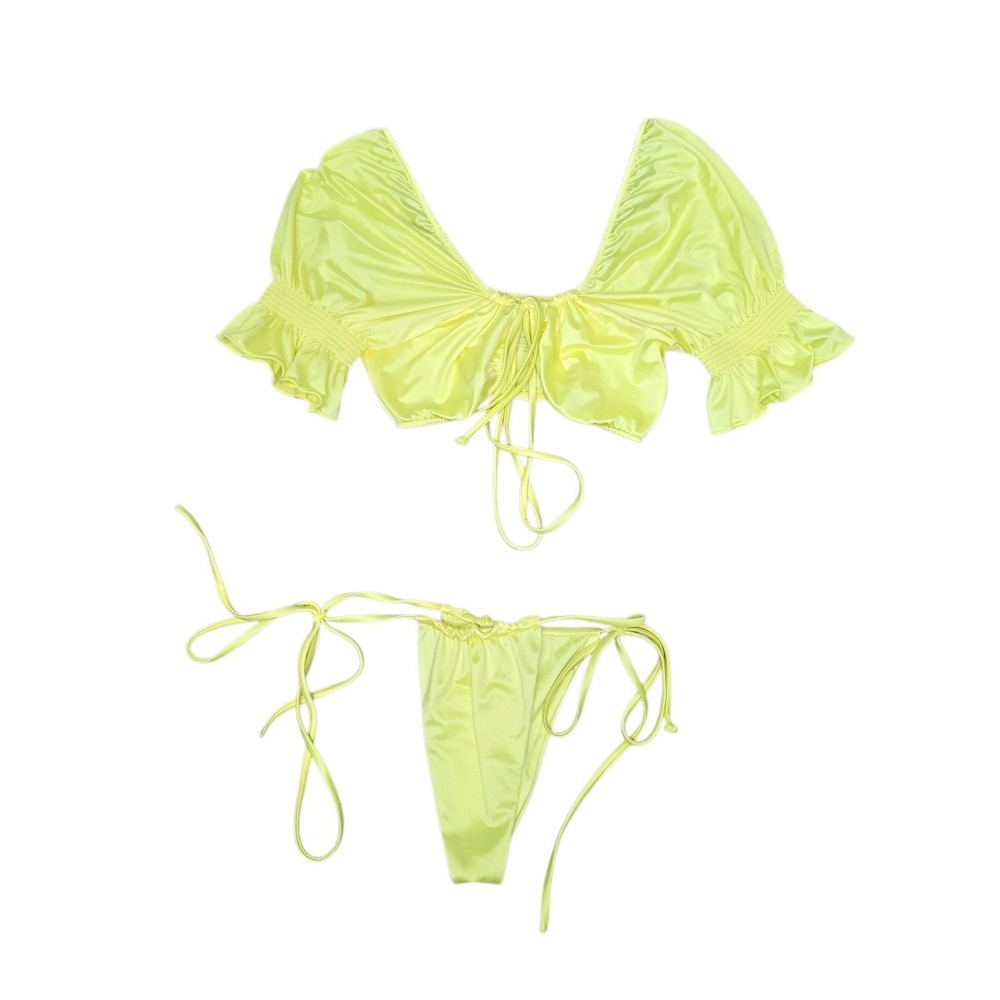 Frankies Bikinis Naomi Osaka Neon Yellow Satin Puff Sleeve Bikini Set Medium